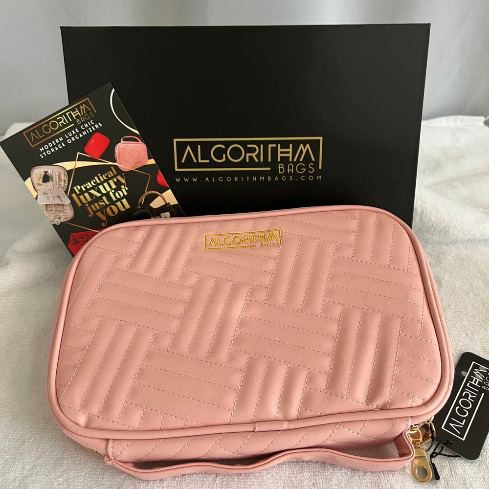 Algorithm Bags Jewelry Organizer Women Pink Quilted Vegan Leather Travel Case